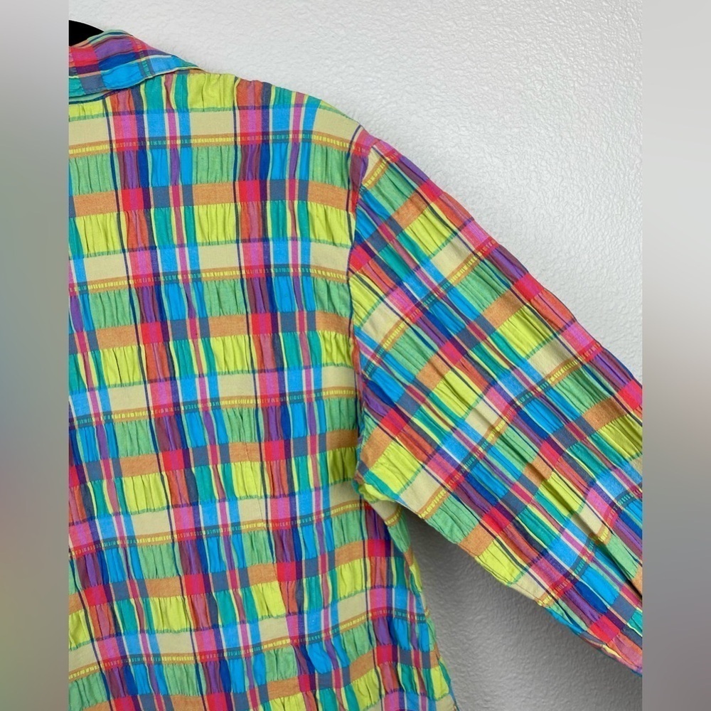 VTG Junior's Medium Roughrider by Circle K Rainbow Plaid Collared Shirt Smocked - Picture 14 of 16